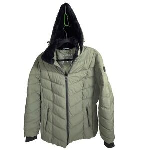 Nautica Puffer Jacket XL Womens Faux Fur Hood Water Resistant Green